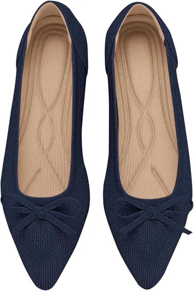 TINGRISE Women's Flats Pointed Toe Bow Knit Ballet Shoes Comfortable Dressy Mesh Slip On Flat