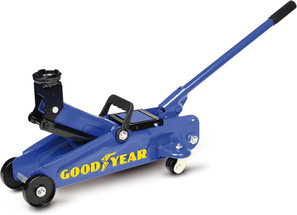 Goodyear 77468 Hydraulischer Rangierwagenheber 2 Tonnen, mit Fahrgestell und 360° Lenkrollen, Stahlrahmen und Stahlarm, Abnehmbare Hebelstange mit Gummigriff
