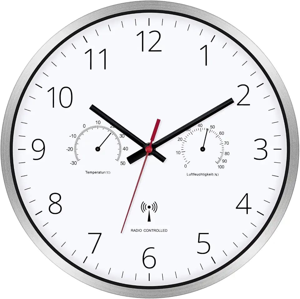 Funk Wanduhr 30 cm Lautlos Silber mit Temperatur & Feuchtigkeit