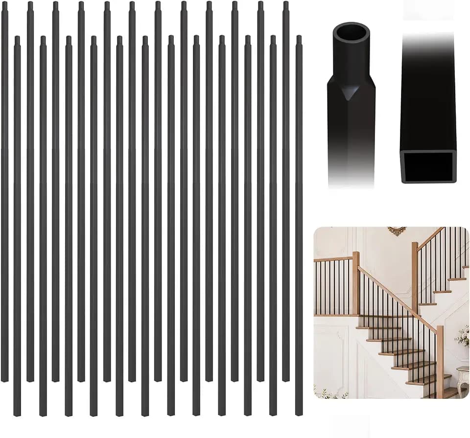 32 Pcs Wrought Iron Balusters for Staircase, 1/2" x 44" Inch Square Metal Stair Balusters for Interior Railing Remodel, Modern Black Straight Hollow Iron Baluster for Handrail Railing System