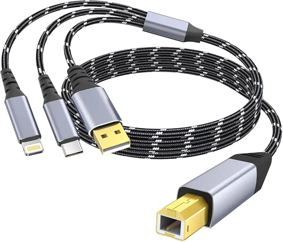 Printer Cable,USB C&USB-A to USB-B Cable，High Speed Nylon Braided Scanner Printer Cord for HP Dell Epson Brother Lexmark Xerox Samsung Piano DAC & More 10FT