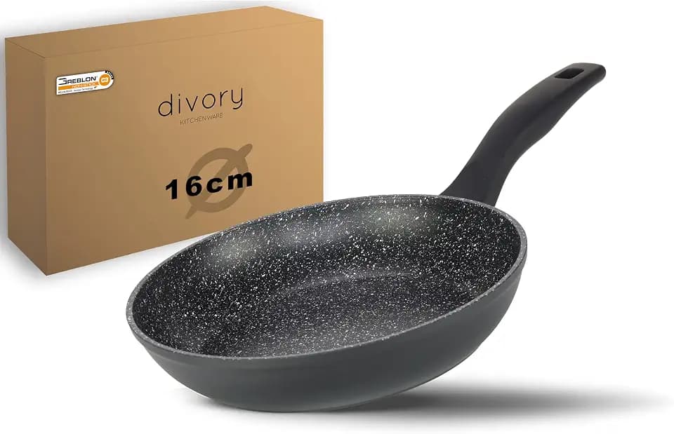 DIVORY beschichtete Bratpfanne – Antihaft beschichtete Pfanne für alle Herdarten – Universalpfanne Spülmaschinen geeignet + Backofenfest und frei von PFOA/APEO (16cm, Schwarz)