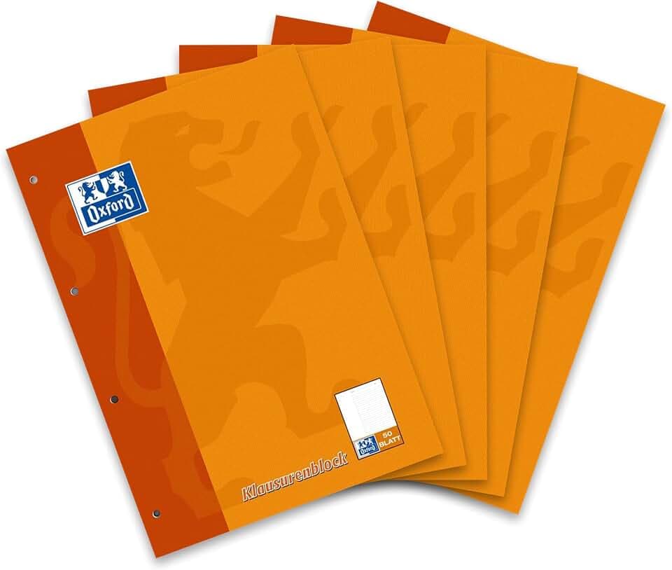 Oxford Schule Klausuren-Block A4, liniert mit Rand, orange, 5 Stück | 50 Blatt