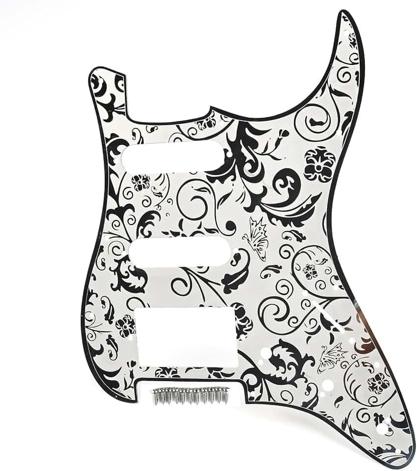 Stainless Steel Engraving Guitar Pick guard 11 holes SSH Pickup Configuration Pot-holes 5/16"shaft Metal Electric Guitar Pickguard Compatible with Strat ST Style Guitar Replacement (Chrome)