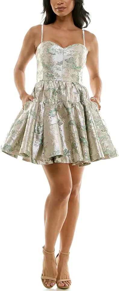 Women's Sleeveless Corset Top Jacquard Fit & Flare Tiered Mini Dress