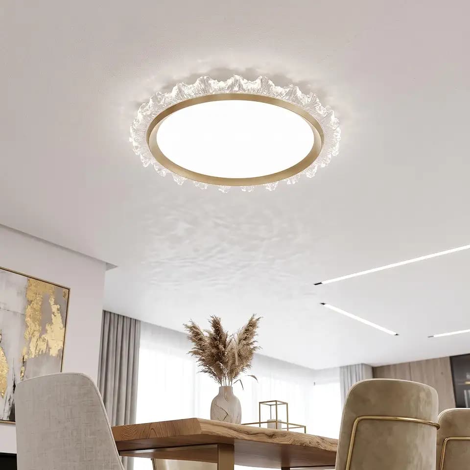 Ceiling Light Flush Mount Crystal Dimmable LED Modern Close to Ceiling Light for Bedroom Kitchen Bathroom Closet Foyer, Round Dia 19.7 Inch (Gold, 19.7in/50cm)