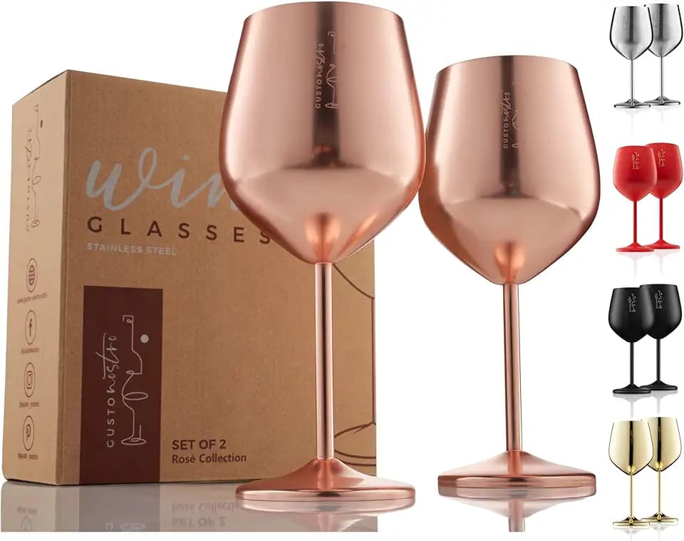 Weingläser mit Stiel aus Edelstahl - Unzerbrechliche Kelche mit 540 ml Fassungsvermögen für Poolpartys im Freien, Jubiläen - Elegantes Trinkgeschirr in Roségold für Champagner und Cocktails (2er Pack)