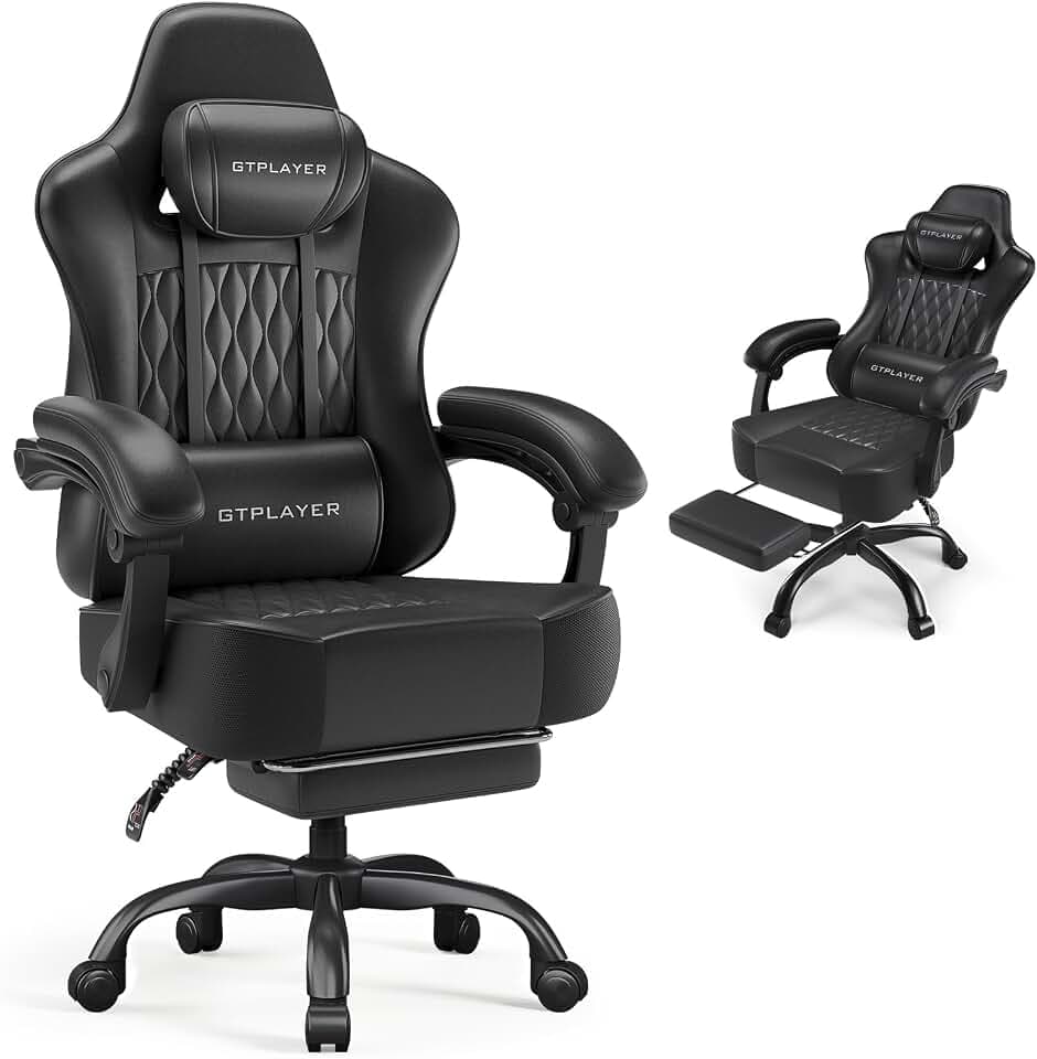 GTPLAYER Gaming Chair, Computer Office Chair with Pocket Spring Cushion, Linkage Armrests, Comfortable Leather Computer Chair, Black
