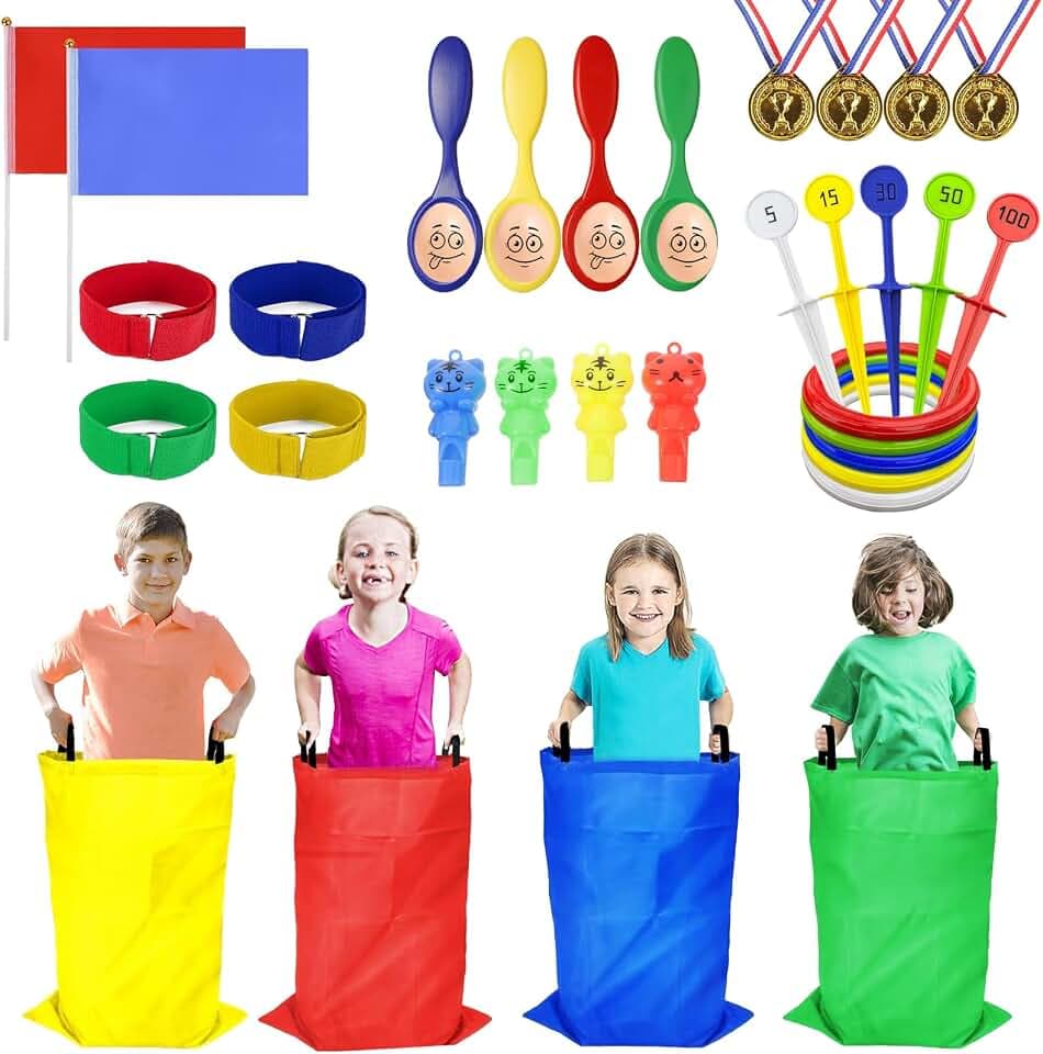 Outdoor Spiele für Kinder, 36Pcs Kindergeburtstag Partyspiele Gartenspiele für Kinder, Sackhüpfen Säcke, Eierlaufen, 3Bein Rennen, Ringwurfspiel, Medaillen, Partyset für Jungen Mädchen