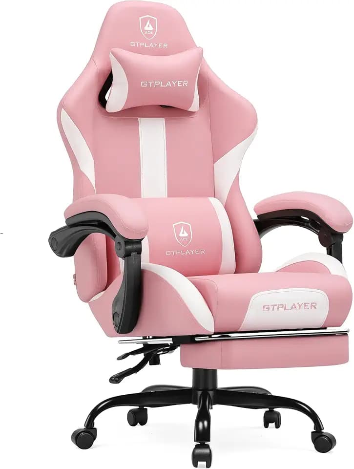 GTPLAYER Gaming Chair with Pocket Spring Cushion, Leather Office Chair with Ergonomic High Back & Lumbar Support for Back Pain Relief, Computer Game Chair for Adults, Pink