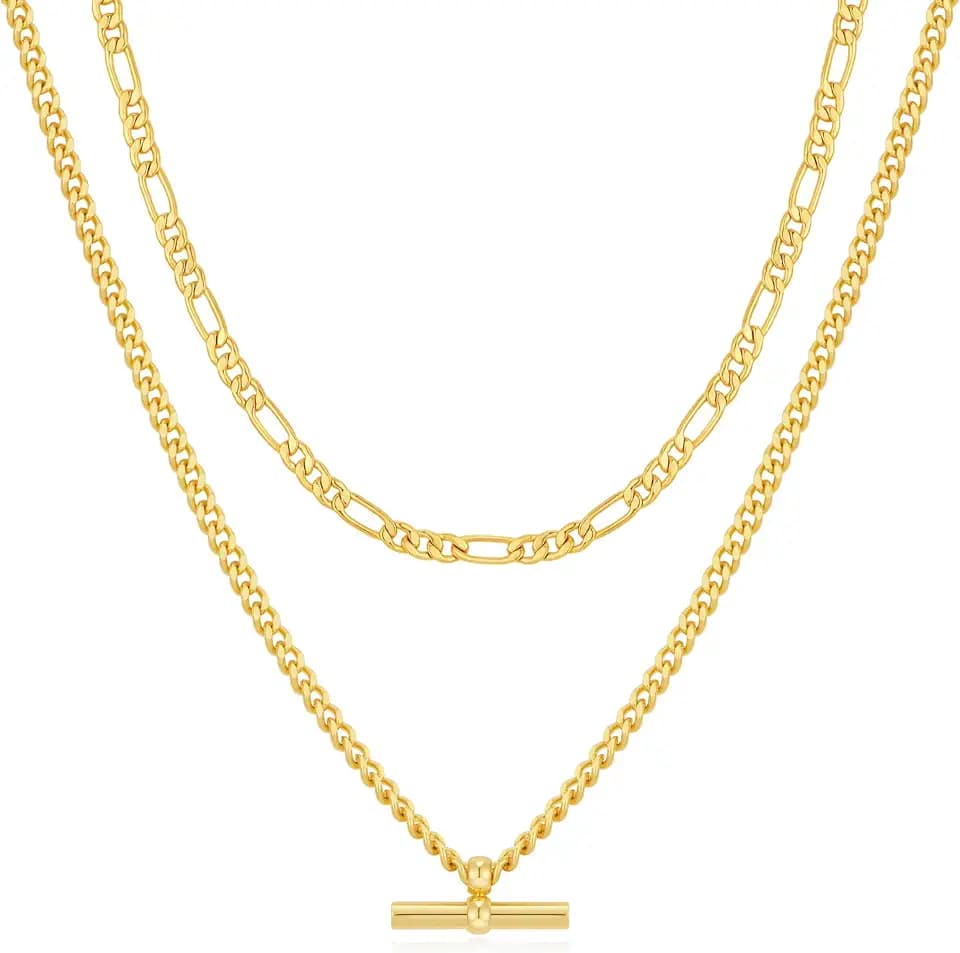 Dainty Layered Necklace for Women 18K Gold Plated T Bar Pedant Necklace Figaro and Cuban Link Chains Jewelry Gift
