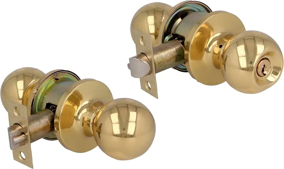 Amig - Schlosssatz im Kugelstil | Mit Außenschlüssel | Eingangsnuss 60/70 mm | Quadratische Kante | Messing | Gold | Türstärke von 35 bis 45 mm