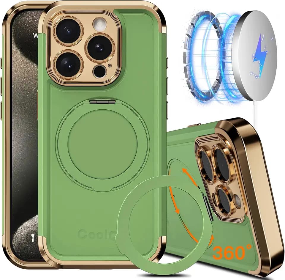 COOLQO for iPhone 14 Pro Case Upgraded 360° Spin Magnetic Stand Matcha Gold