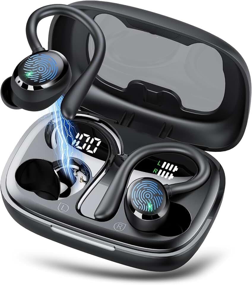 Bluetooth Kopfhörer Sport, Kopfhörer Kabellos Bluetooth 5.3 mit HD Mic, In Ear Kopfhörer mit 4 ENC Klarer Mic, 72 Std Kabellose Kopfhörer mit Tiefer Bass,IPX7 Wasserdicht Ohrhörer mit Ohrhaken,Schwarz