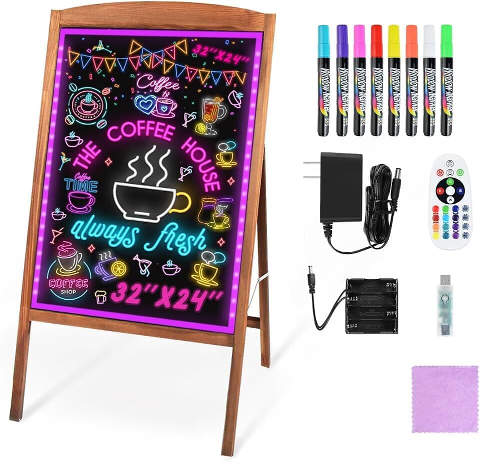 Hosim LED Message Writing Board 32"x24", Standing A-Frame Wooden Drawing Board Illuminated Erasable Neon Menu Sign, 8 Colors Markers & 16 Lighting Colors Flashing Chalkboard Restaurant Menu Board