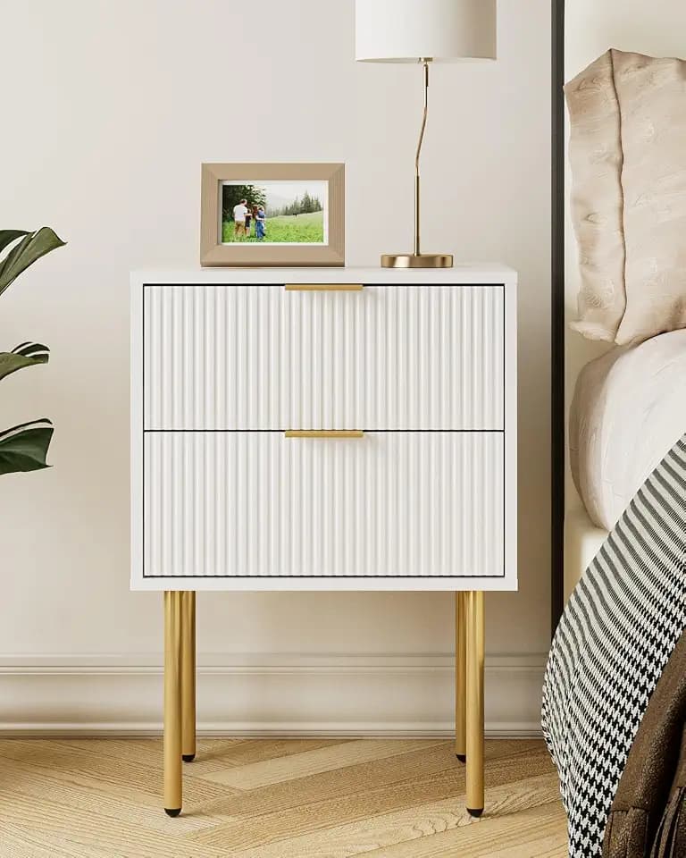Aienvey Nightstand with 2 Drawers, White Stripe Night Stand and Gold Frame