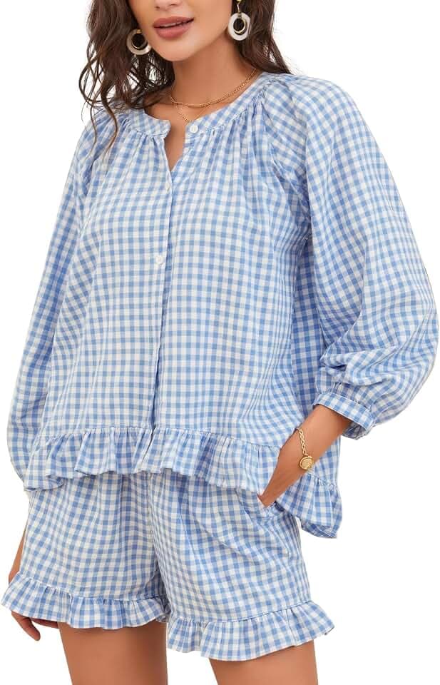 Flygo Womens Gingham 2 Piece Pajama Sets Y2K Cotton Ruffle Short Sets