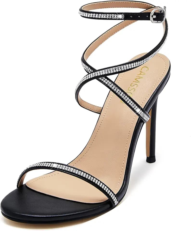 CAMSSOO Women's Rhinestone and Flower Strappy Heels, Stiletto Sandals