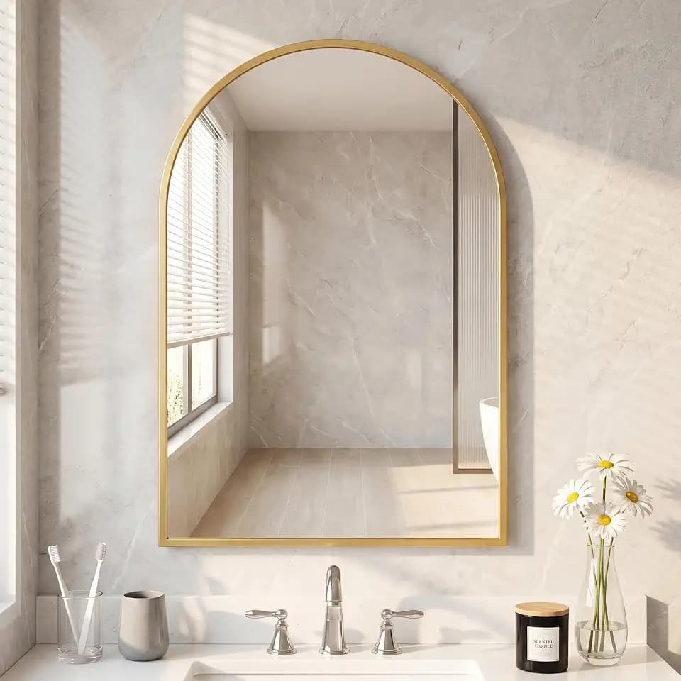 DUMOS 26"x38" Arched Wall Mirror, Bathroom Mirrors for Over Sink, Gold
