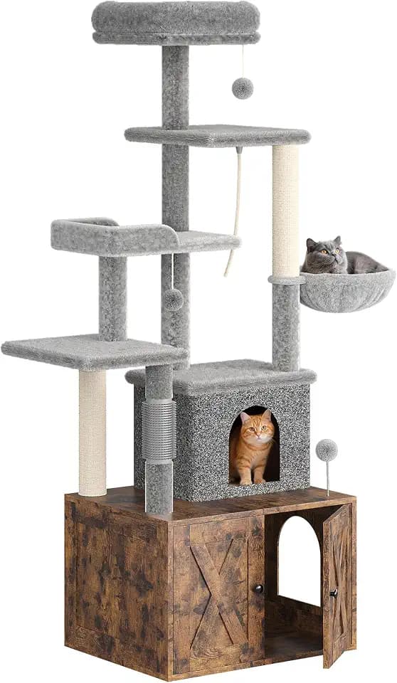 Litter Box Enclosure with Cat Tree, 2 in-1 Modern Cat Tower, Hidden Washroom Furniture, Wood Cat Condo with Scratching Post and Hammock, Indoor Pet Furniture with Multiple Platform, Rustic Brown