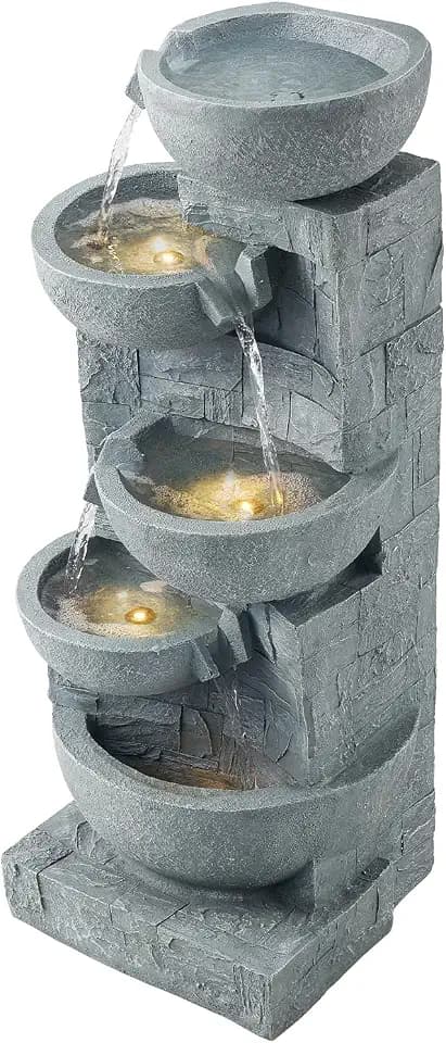 VEVOR Outdoor Water Fountain, 31.5 in Height Fountain and Waterfall, 5-Tier Floor Standing Bowl-Shaped Cascading Fountains with LED Light and Pump, for Outdoor Indoor Garden, Home, Patio & Backyard