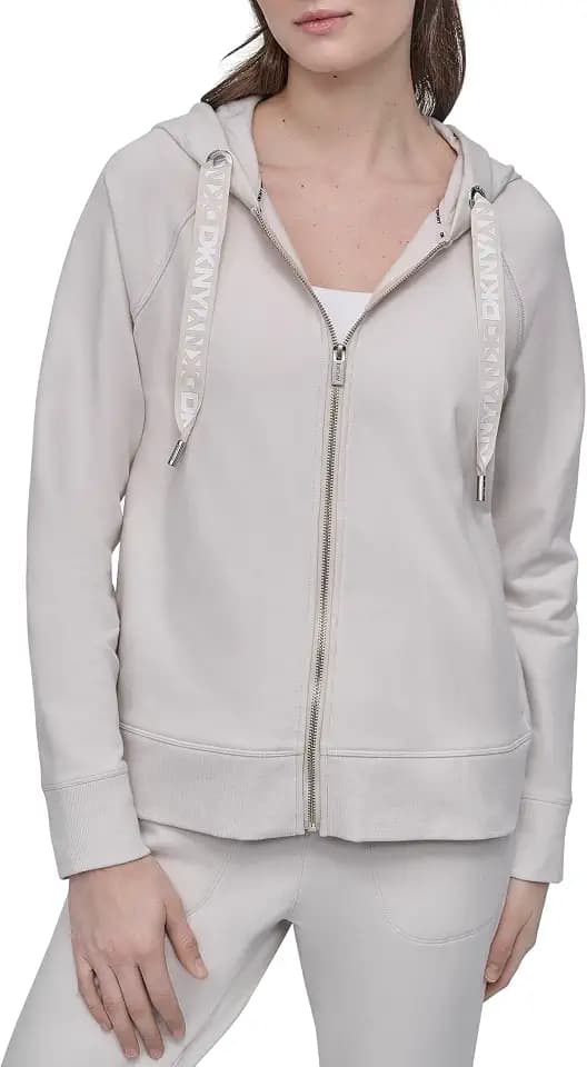DKNY Women's Two Tone Logo Full Zip Hoodie Sweatshirt