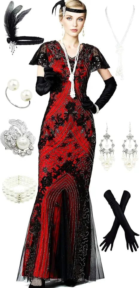 1920S Gatsby Floral Short Sleeve Sequin Mermaid Formal Evening Dress with 20s Headband Necklace Accessories Set