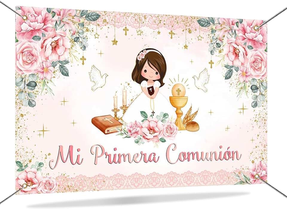Mocsicka Mi Primera Comunion Banner Baptism Backdrop for Girls Pink Floral God Bless First Communion Photo Backdround Decorations Photo Booth Props 70.8 x 43.3 Inch