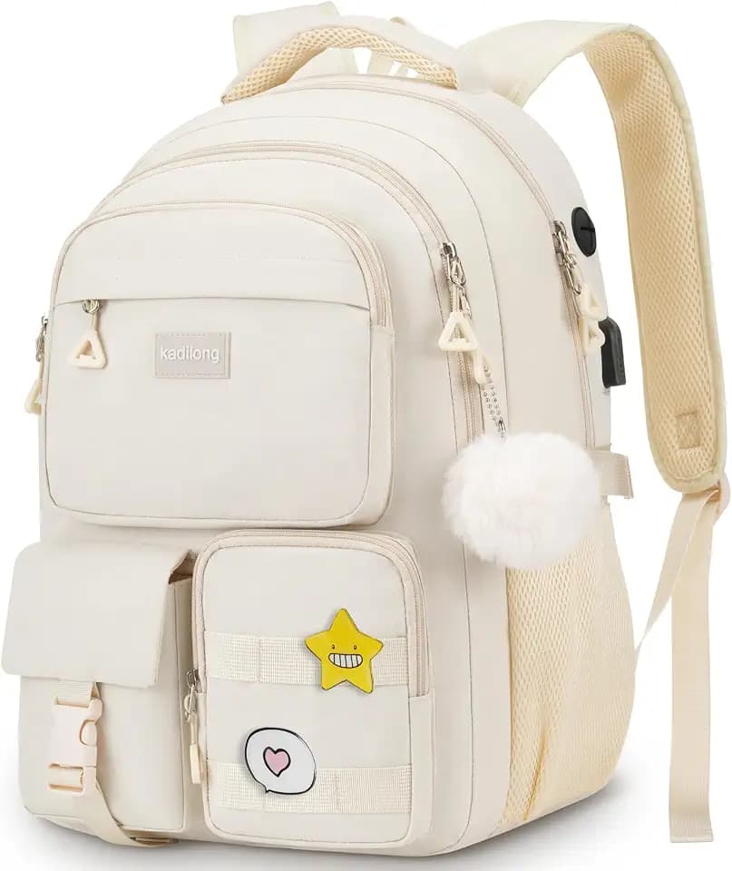 kadilong Cute Middle High School Bags Bookbag for Teen Girls,Laptop Backpack for Women,Back Pack Knapsack for College Student(Beige)