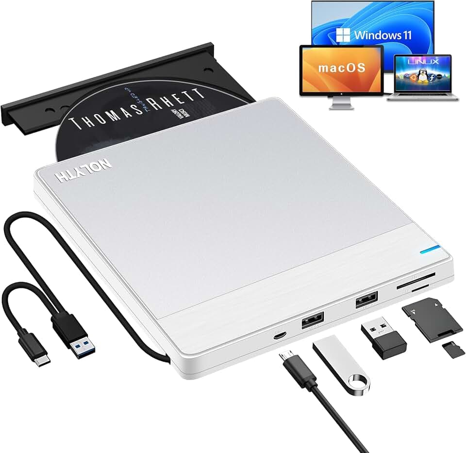 Externes DVD Laufwerk für Laptop: Ultra Slim CD Laufwerk Extern USB für Mac MacBook Apple Windows Portable Externer CD/DVD Brenner Player Optische Laufwerke mit SD/TF/USB Ports