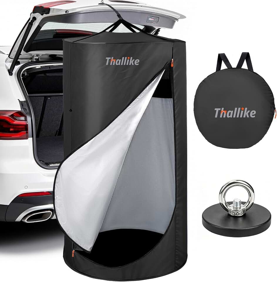 Pop Up Changing Tent for Car, 71in Portable Camping Shower Tent with Strong Magnetic Suction Cups & Hanging Strap, Privacy Bathroom Toilet Pod with Interior Clothesline, Hooks, Carry Bag (Black)