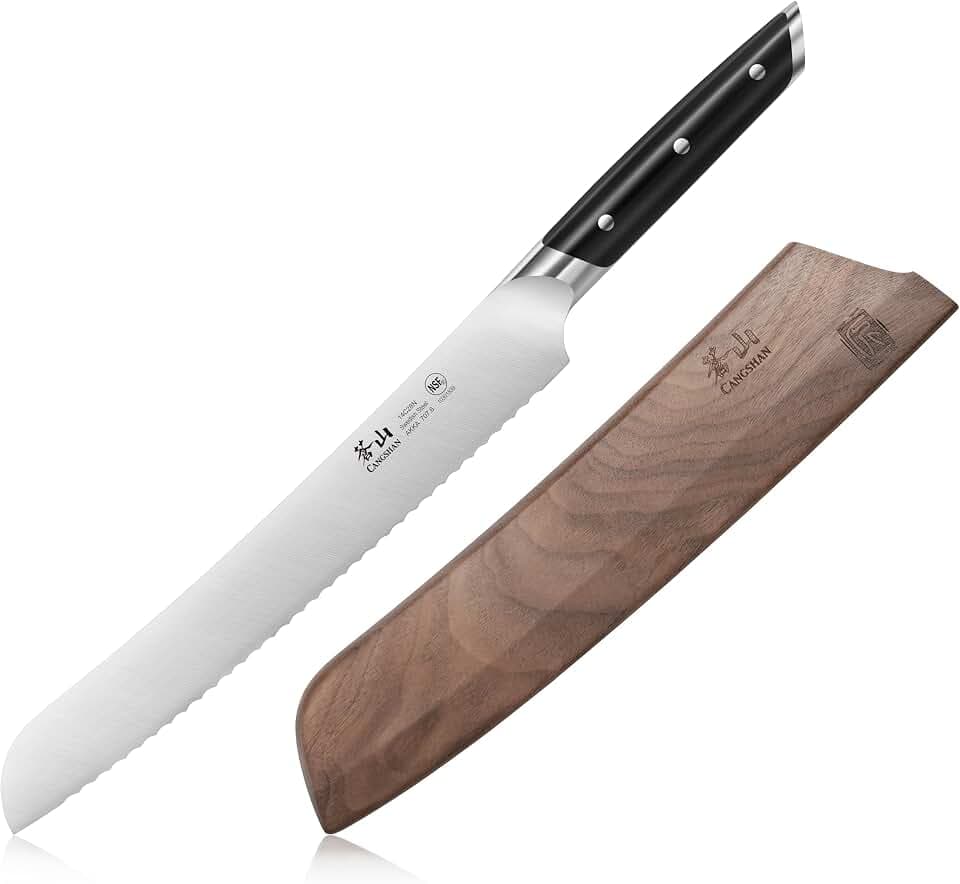 Cangshan AKKA Series 9-Inch Bread Knife with Sheath, 14C28N Swedish Steel Serrated Knife
