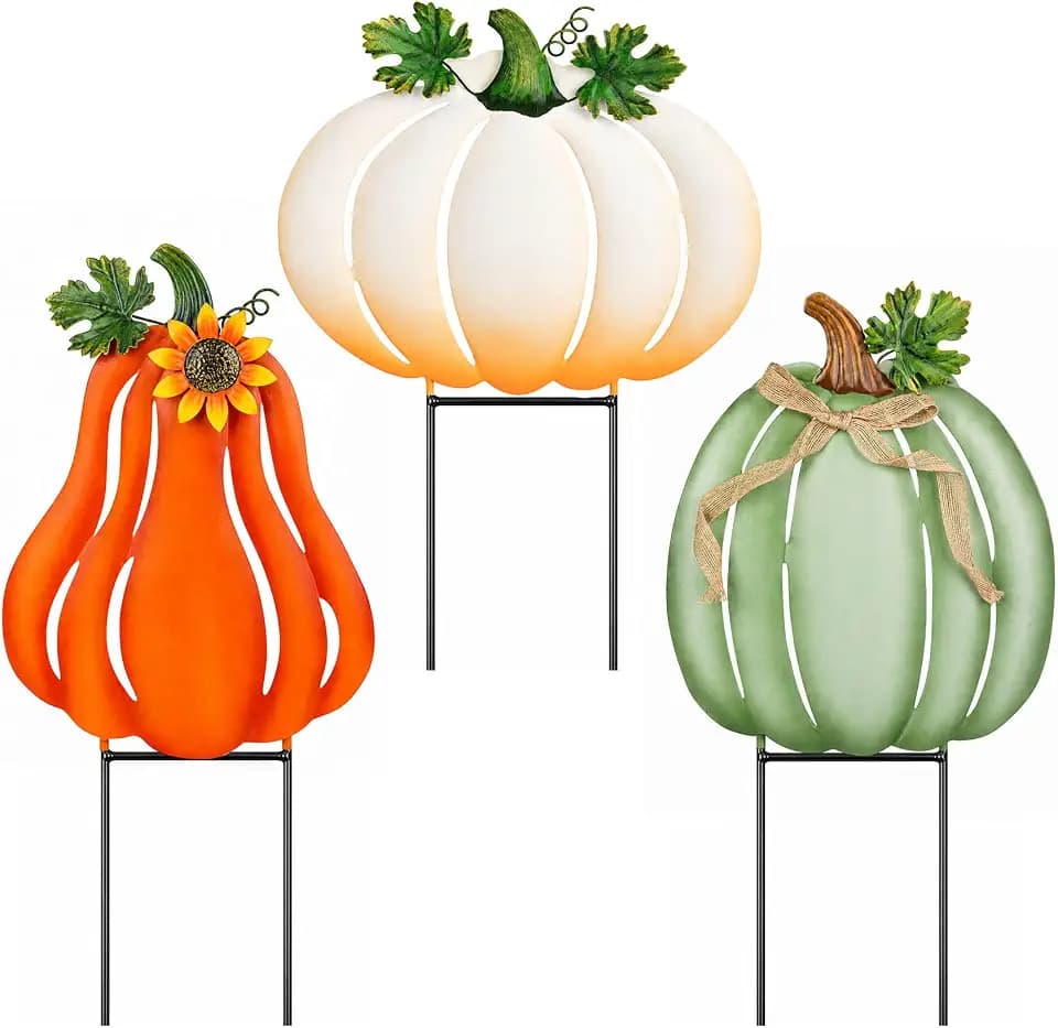 Fall Outdoor Decor Metal Pumpkin Yard Stakes - Large Outdoor Pumpkin Decor with Sunflower, Leaves & Bow, Tall Fall Yard Decor for Porch Garden Lawn Autumn Thanksgiving Decorations Set of 3
