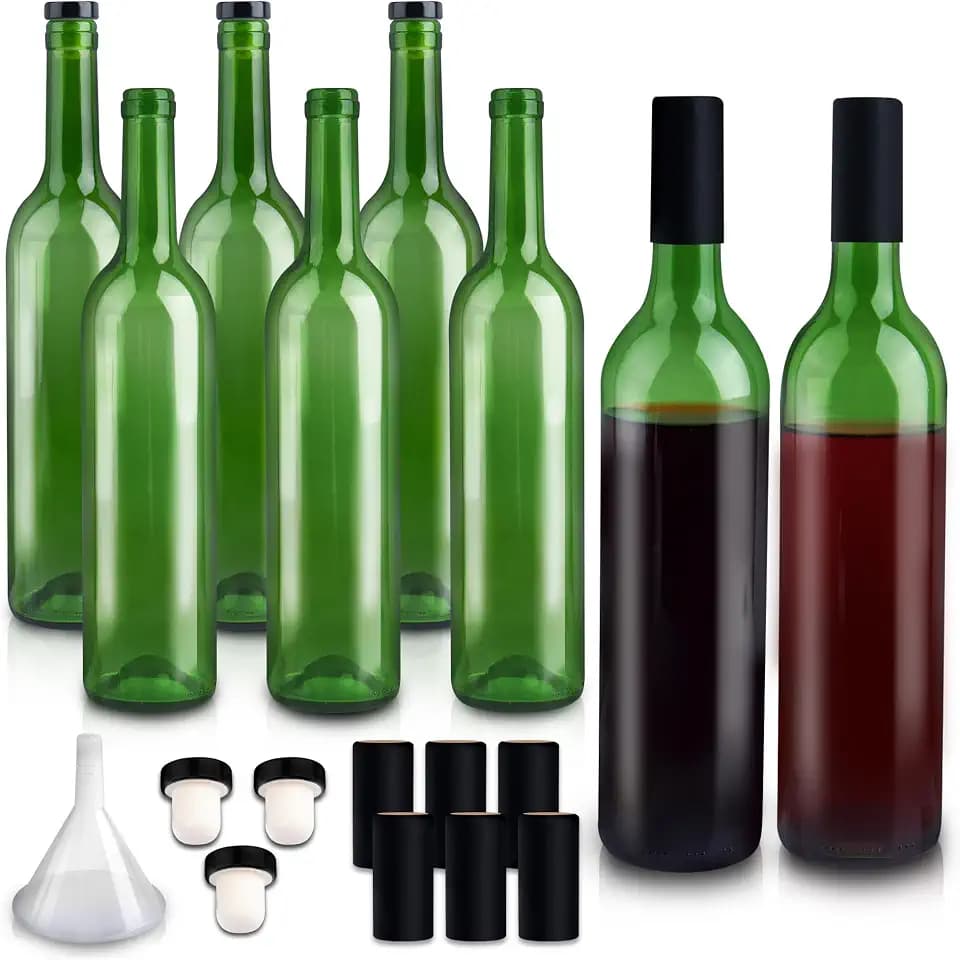 GUANENA 8 Pack 750ml Glass Wine Bottles, 25oz Green With Cork Lids and PVC Shrink Capsules, Empty Home Brewing Bottles With Funnel for Making, Limoncello, Mead, Liquor