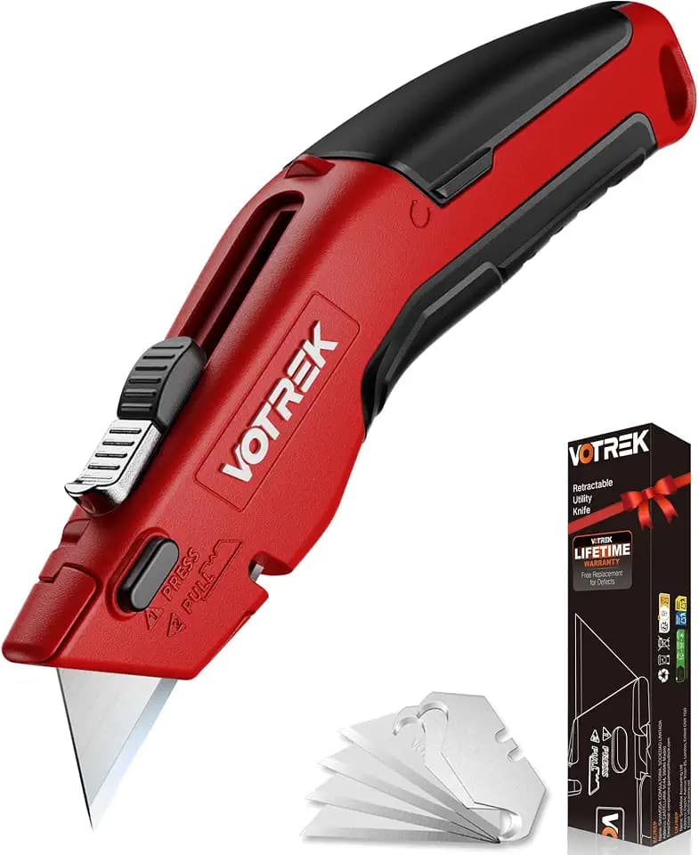 Box Cutter Utility Knife, [2-in-1] Retractable Box Cutter, Safety Heavy Duty Sharp Razor Knife for Home & Warehouse Cardboard, Blade Storage, with Extra Razor & Hook Blades, Crimson