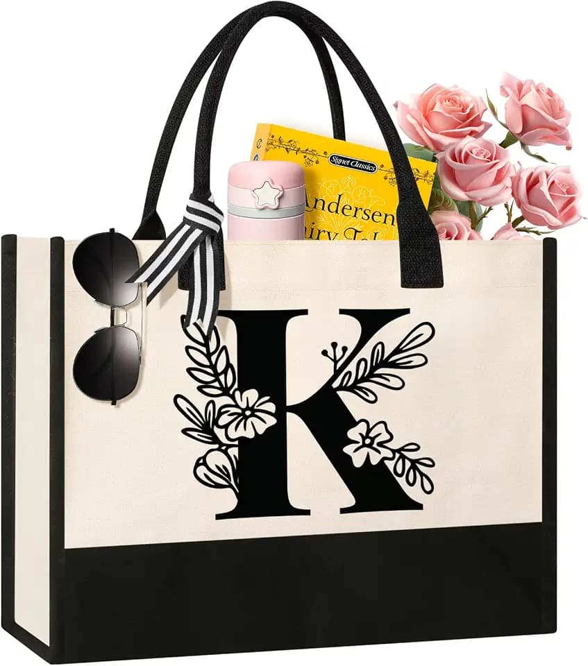 Tecanne Personalized Initial Canvas Tote Bag, Suitable for Birthday, Wedding, Beach, Holiday, Gifts for Women, Mom, Teachers, Nurses, Best Friends, Bridesmaids (K)