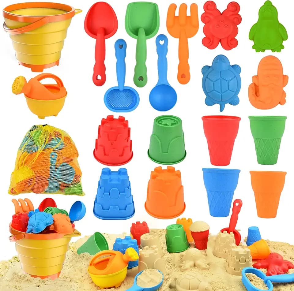 19 Stück Sandspielzeug Set, Reise Sandspielzeug mit Faltbarer Eimer Kinder, Sandkasten Strand Spielzeug Sandförmchen, Outdoor Spielzeug für Kinder Jungen Mädchen Alter 3 4 5 6 7+