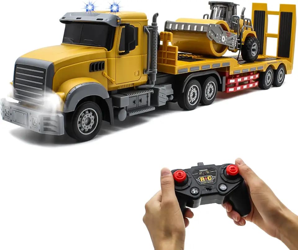 fisca RC Semi Truck mit Anhänger, 1:24 RC Sattelauflieger Engineering Traktor mit Sound und Lichtern, 2.4Ghz Ferngesteuerter Pritschenwagen mit Straßenwalze Baufahrzeugspielzeug für Jungen und Mädchen