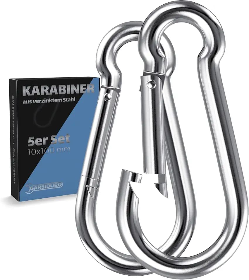 Karabinerhaken 5er Set 10x100 mm | Stahl Verzinkt DIN 5299 | Feuerwehr Karabiner Mit Schnappverschluss Als Schlüsselanhänger Oder Schwerlast Karabiner Für Wohnwagen