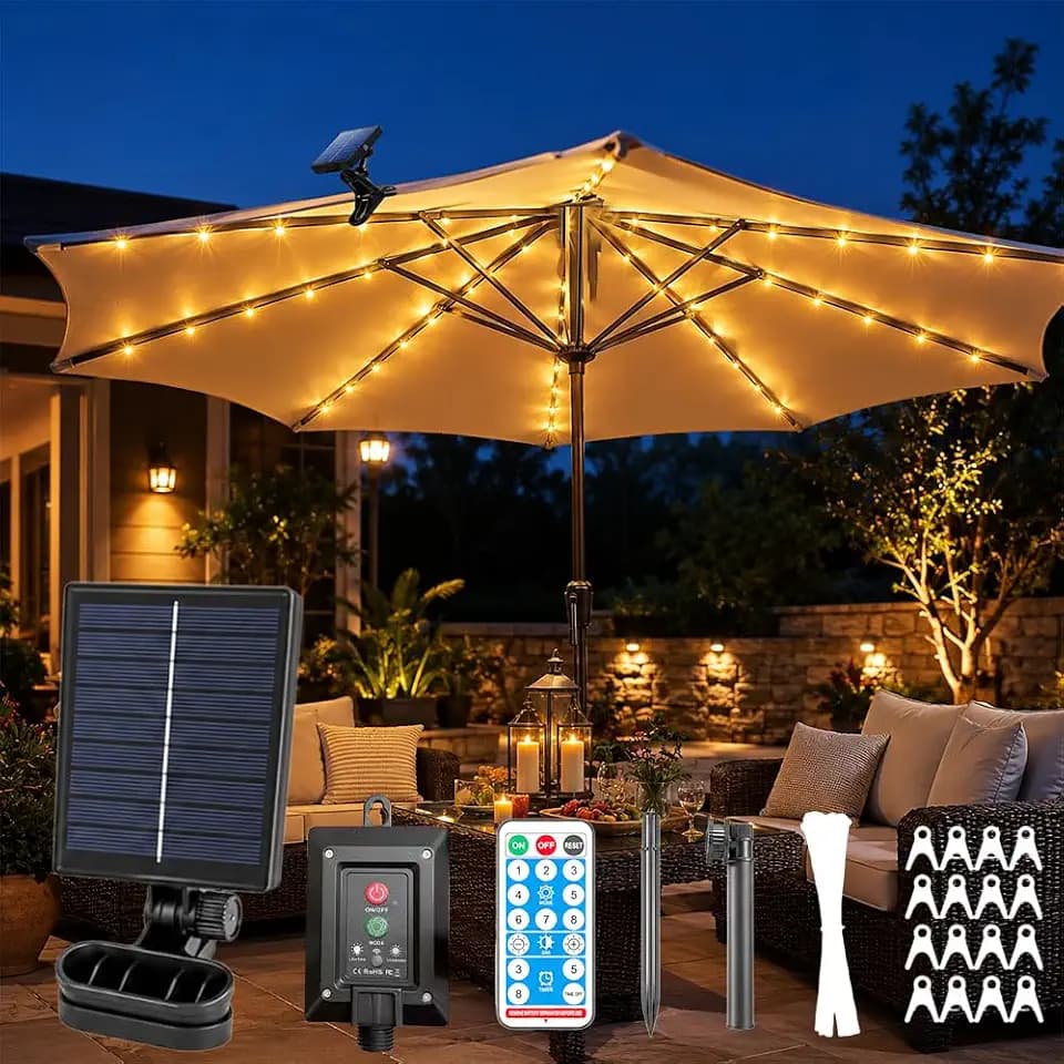Sonnenschirmbeleuchtung Solar, SGZIOO Sonnenschirm Beleuchtung mit 104 LEDs & 8 Modus, Fernbedienung und Clip, Wasserdichte Lichterkette Sonnenschirm Solar, Lichterkette Schirm für Camping Zelt Außen
