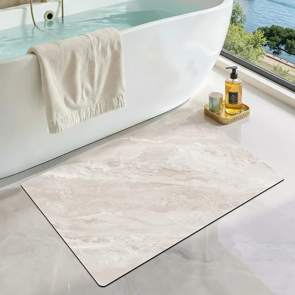 LUMI Non Slip Ultra Thin Bath Mat, Low Pile Quick Dry, White Marble, 17x30