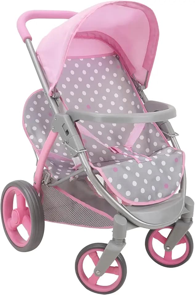 509 Crew: Cotton Candy Pink: Twin Tandem Doll Stroller - Pink, Grey, Polka Dot - Dolls Up to 18", Holds 2 Dolls, Foldable, Kids Pretend Play, Ages 3+