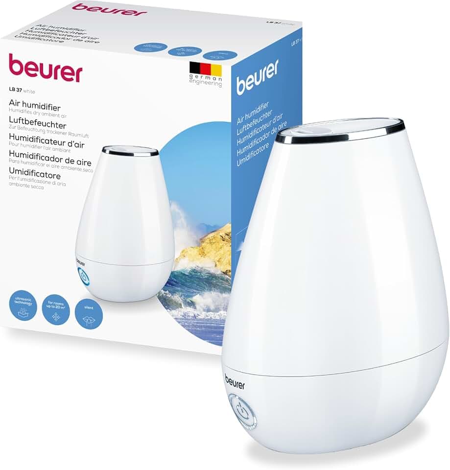 Beurer LB 37 Luftbefeuchter mit Ultraschall-Zerstäubung, inkl. integriertem Aroma Diffuser, Humidifier mit leisem Nachtmodus fürs Schlafzimmer, 2L Tank für Räume bis 20 m², weiß