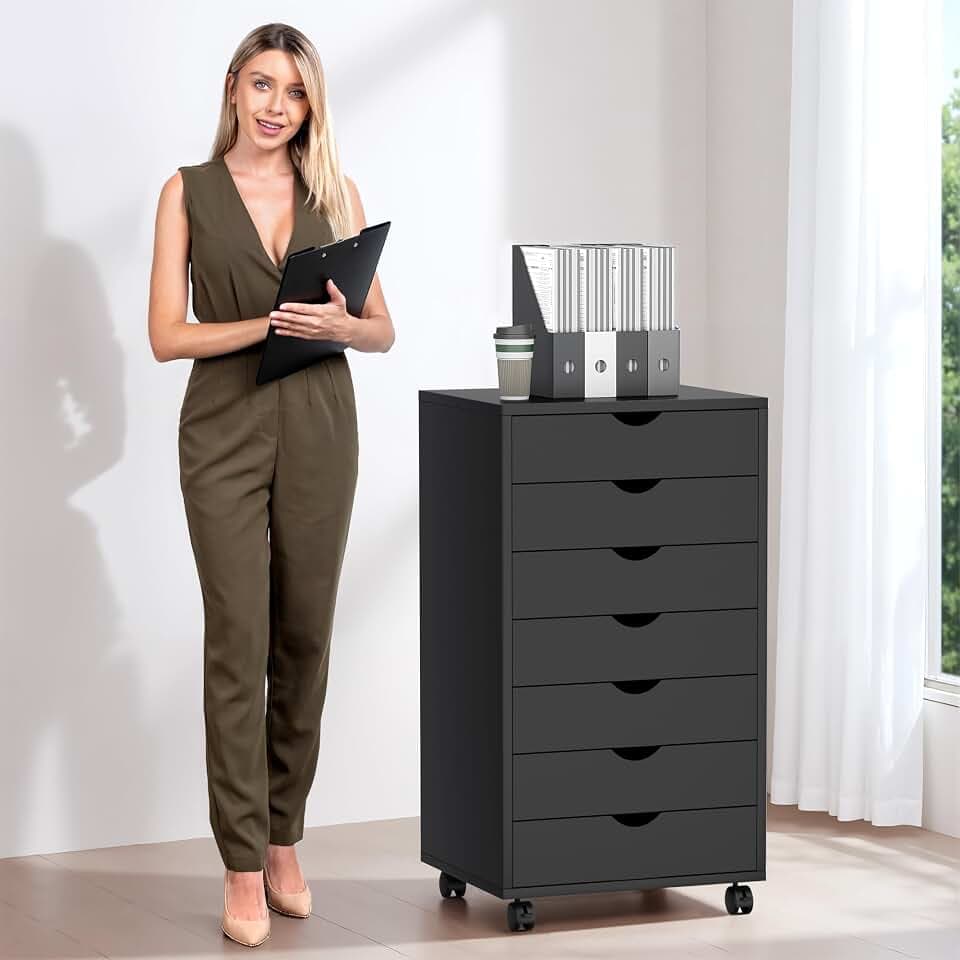 7-Drawer Chest, Office File Cabinet with Wheels, Black