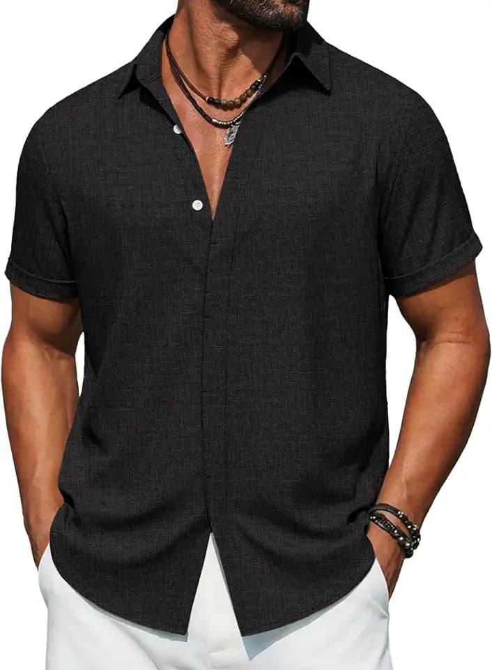 COOFANDY Men's Button Down Short Sleeve Shirts Casual Summer Vacation Shirts Linen Beach Wedding Shirt