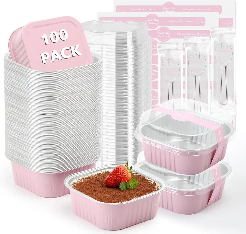 10oz 100pcs Mini Loaf Pans with Lids and Spoons,Square Pink Small Loaf Pans