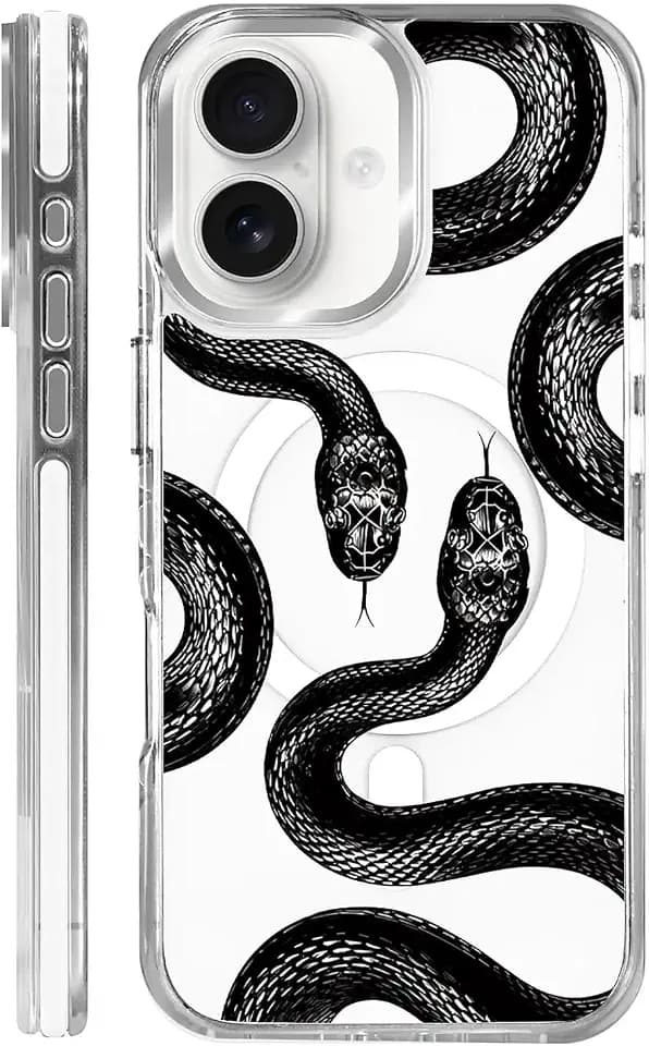 for iPhone 15 Case, Clear with Black Snake Pattern Compatible with Magsafe Soft Protective Case for Women Girl (White)