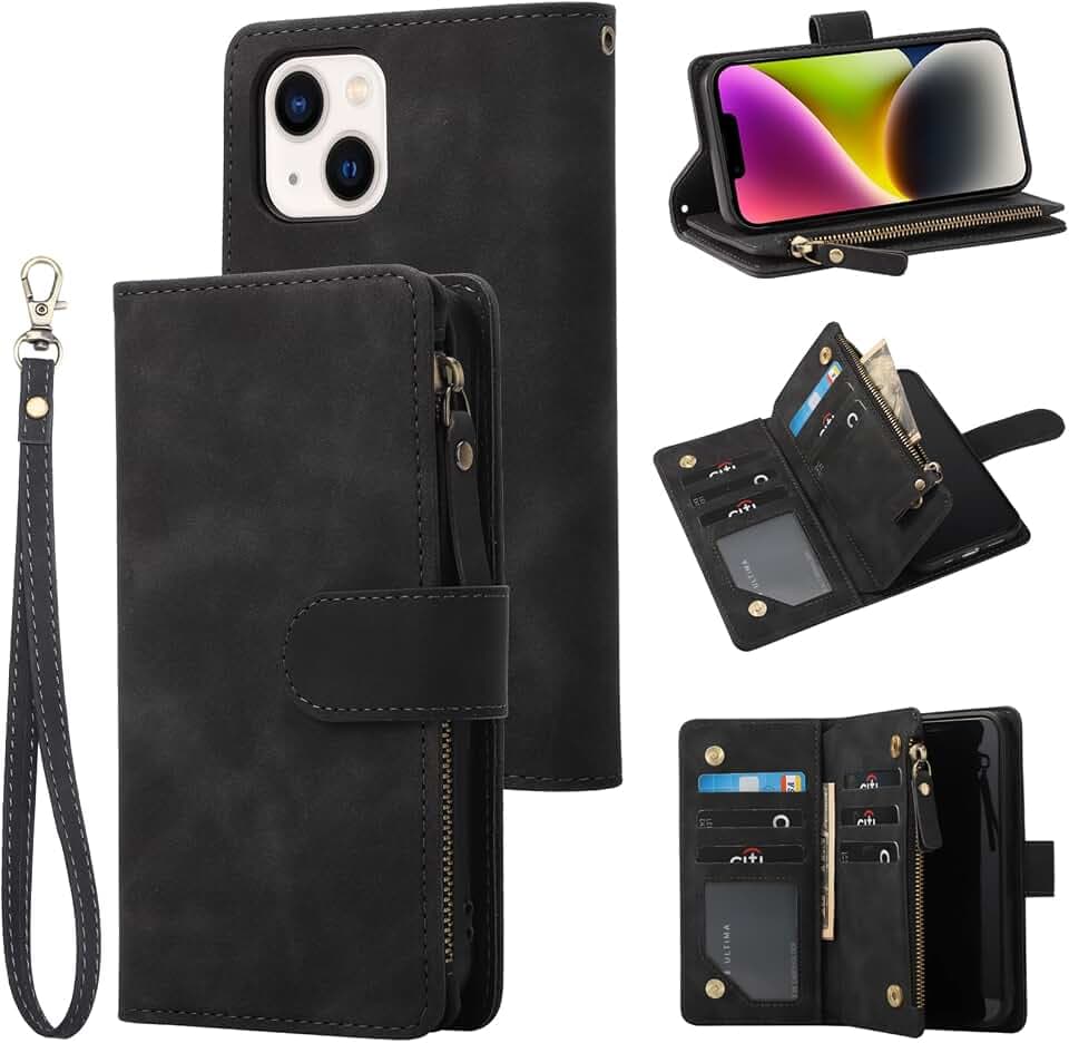RANYOK Wallet Case Compatible with iPhone 13/14 (6.1 inch), Premium PU Leather Zipper Flip Folio Wallet RFID Blocking with Wrist Strap Magnetic Closure Built-in Kickstand Protective Case (Black)