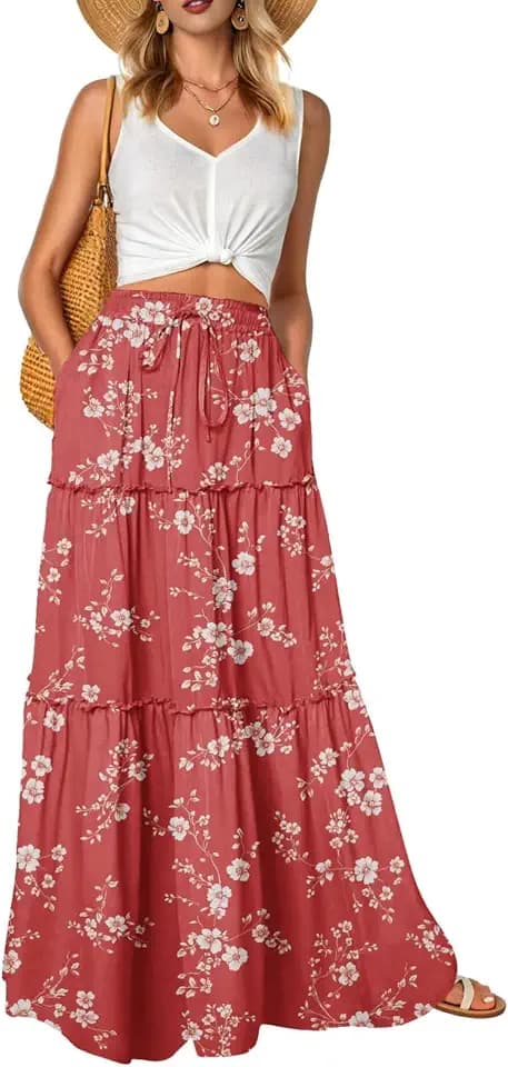 QIXING Damen Maxirock Sommer Boho Blumen Muster Hohe Taille Elastischer Bund Langer Fließender Rock mit Taschen Stufenrock Elegant Luftig