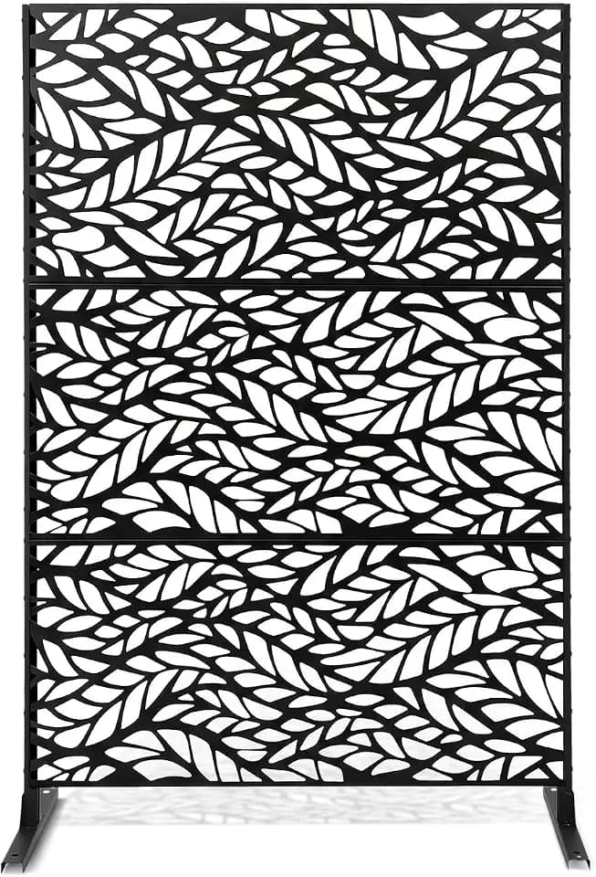 Outdoor Privacy Screen, 75" H x 48" W, Metal Fence Panels, Flat Top Steel Decorative Fence, Rustproof Free-Standing Privacy Screen for Patio, Pool, Balcony, Garden & Yard, Black Leaves